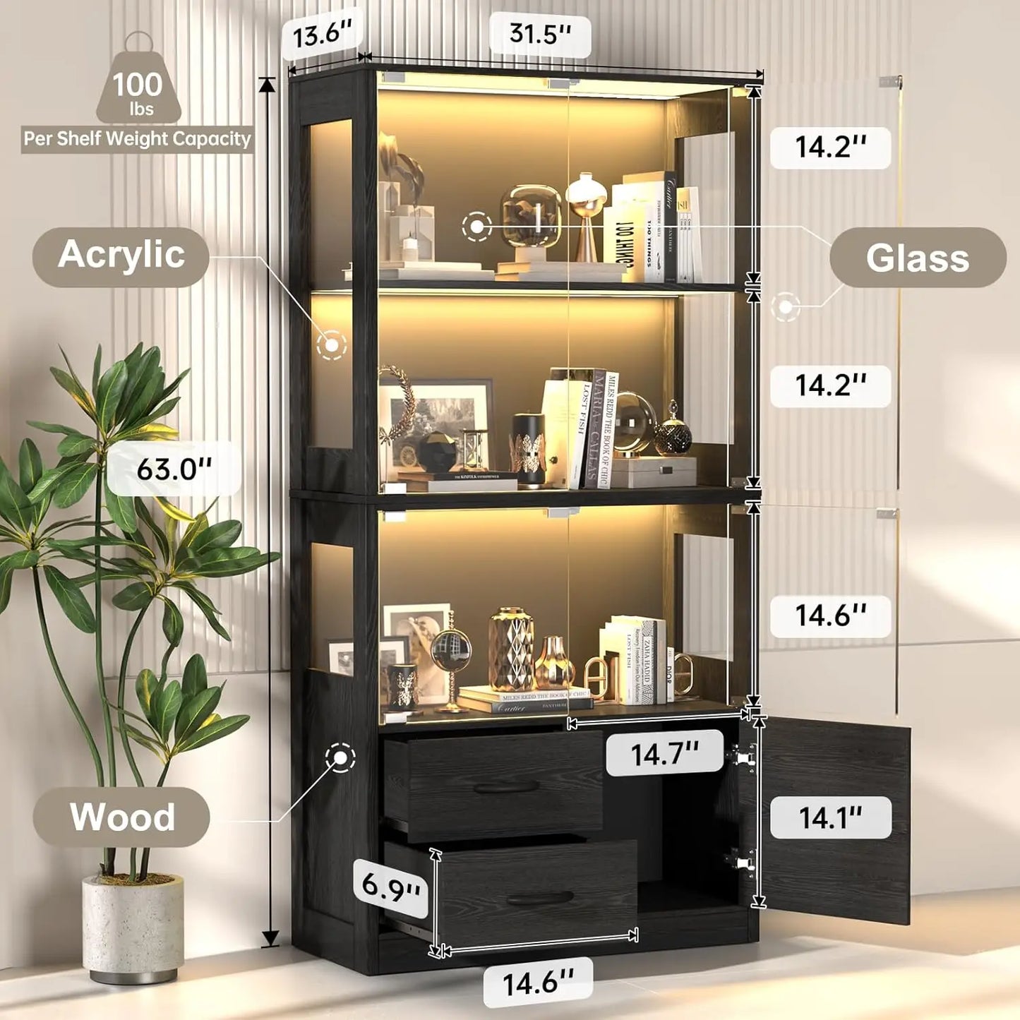 Display Cabinet with Glass Doors, 4-Tier Display Case with 3-Color Lights & Human Body Sensor, Storage Cabinets with 3 Shelve