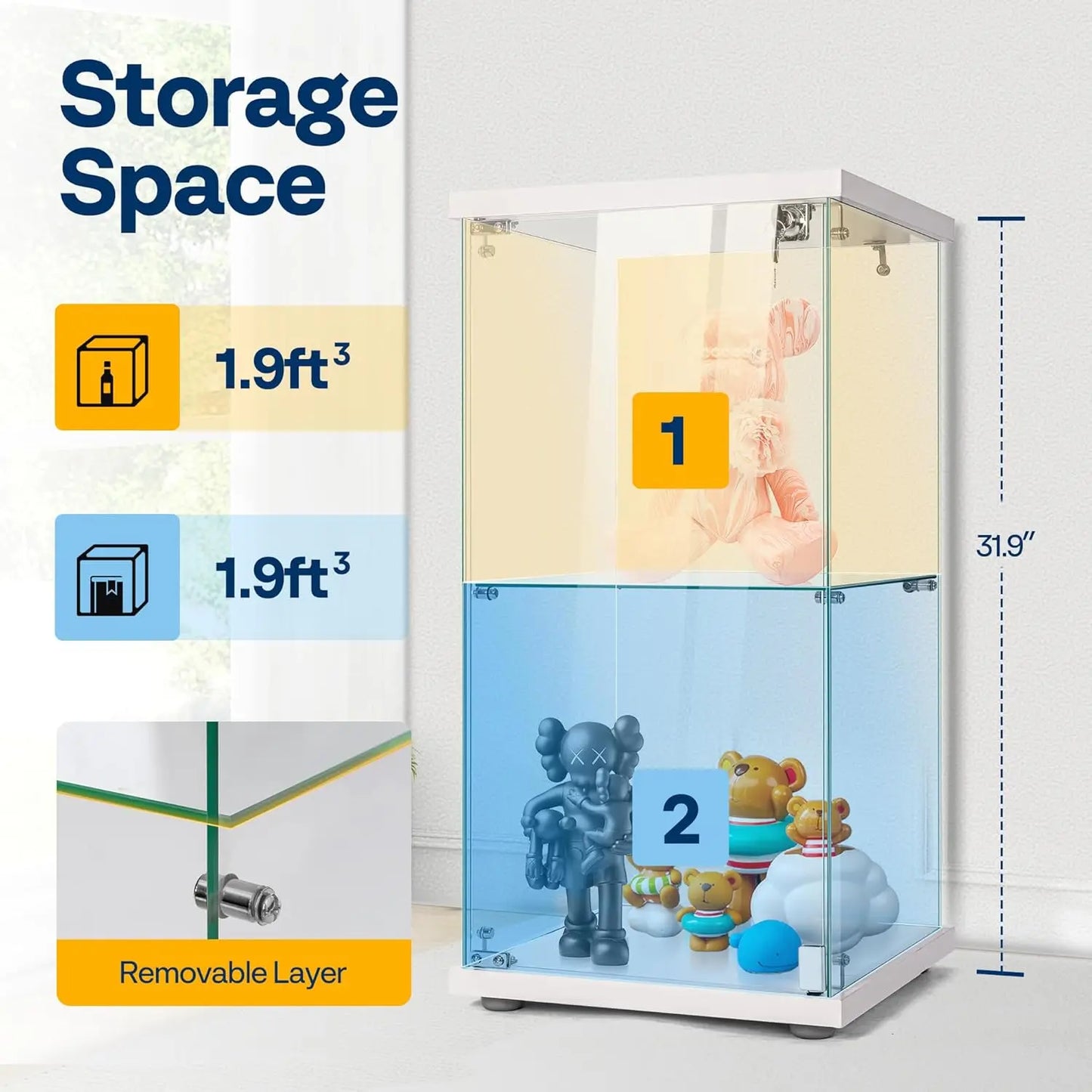 Glass Display Cabinet with Lock, 2-Tier Tempered Glass Showcase Countertop, 15.7"W x 15.7"D x 31.9"H, Sturdy MDF Base, Secure