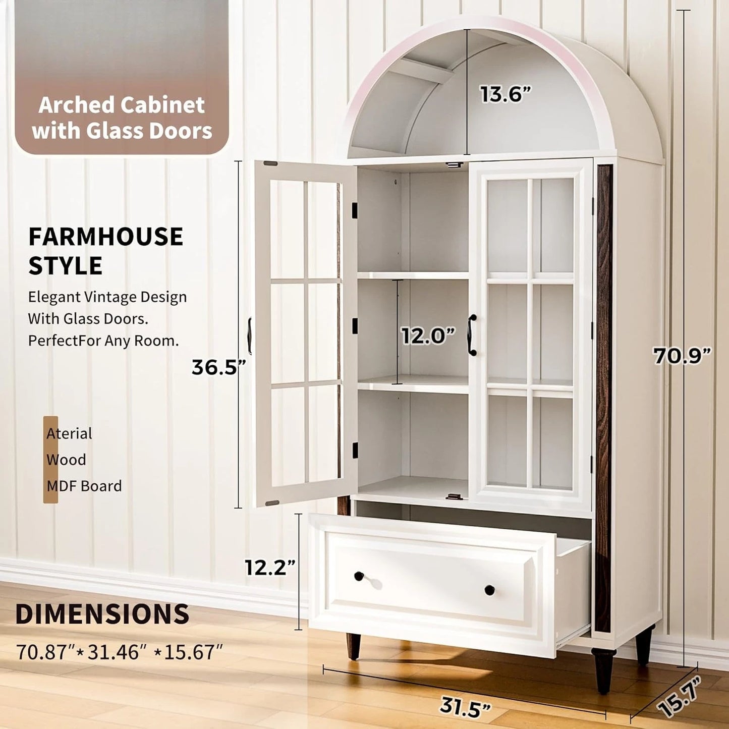 71” Handcrafted Arched Bookcase, Filing Cabinet for Home Office, Wooden Display Cabinet with Glass Doors , Customized