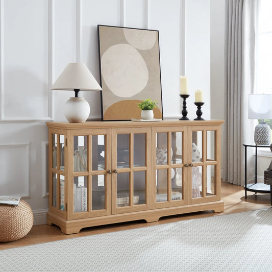 LED Curio Display Cabinet: Glass Doors, Adjustable Shelves, 4-Door OAK for Home/Office