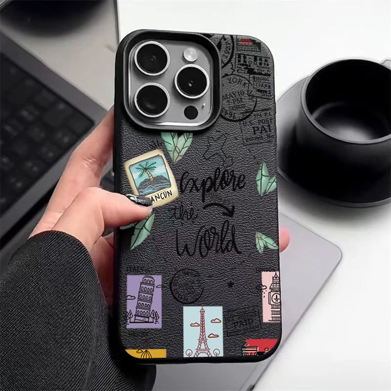 Travel Map Pattern Phone Case For iPhone 17e 16e 17 16 15 14 Pro Max 13 12 Pro Air 11 Leather Texture TPU Silicone Soft Cover