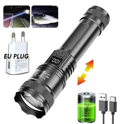 100000LM Super Bright Flashlight Type-C Rechargeable LED Torch Long