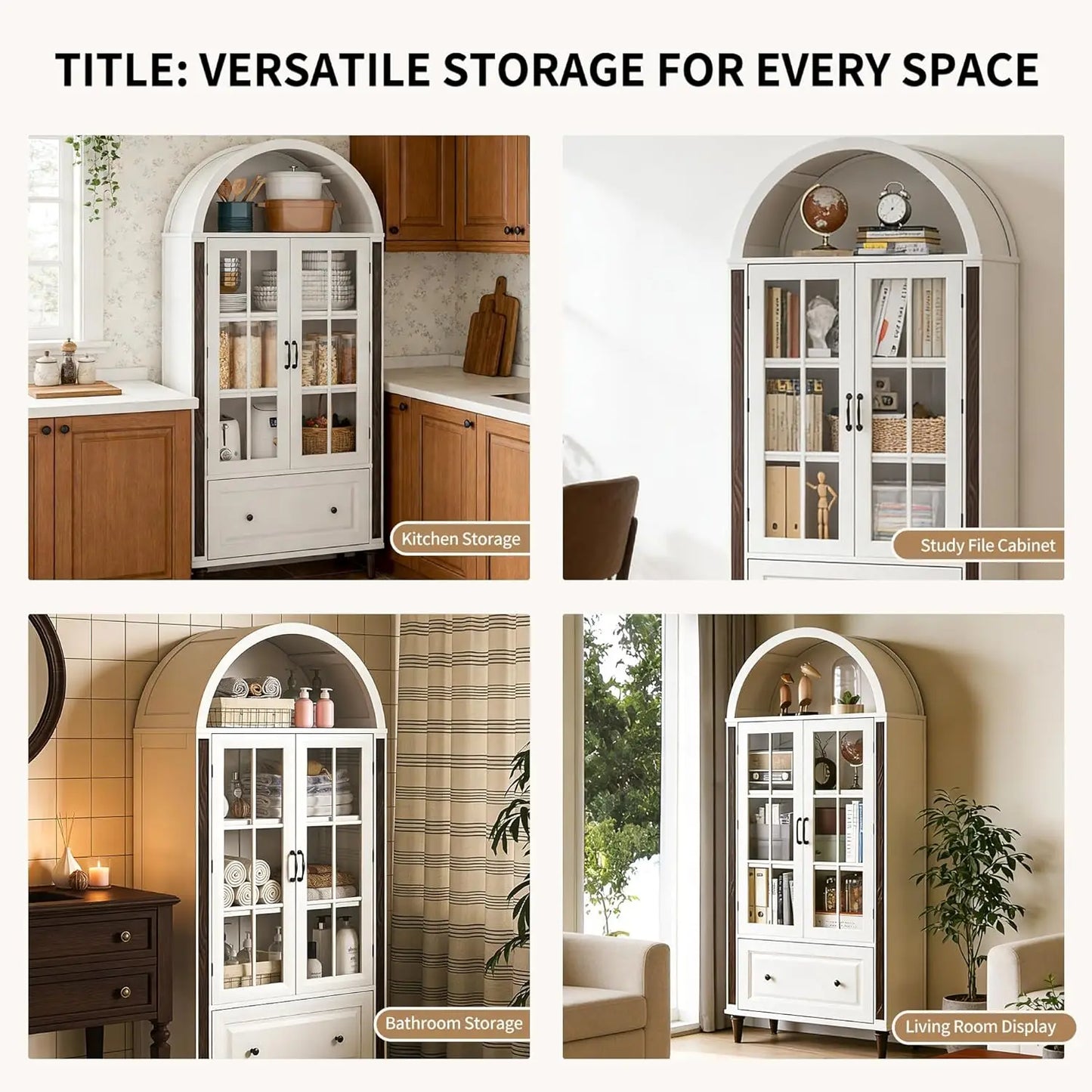71” Handcrafted Arched Bookcase, Filing Cabinet for Home Office, Wooden Display Cabinet with Glass Doors , Customized