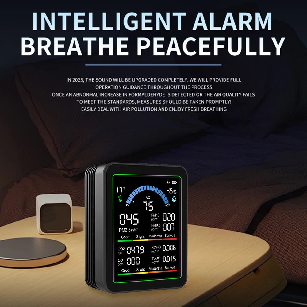  10-in-1 Air Quality Monitor Real-Time Temp Humidity HCHO TVOC CO2 Detector With 2.8In TFT Display Screen PM2.5 for Home Office