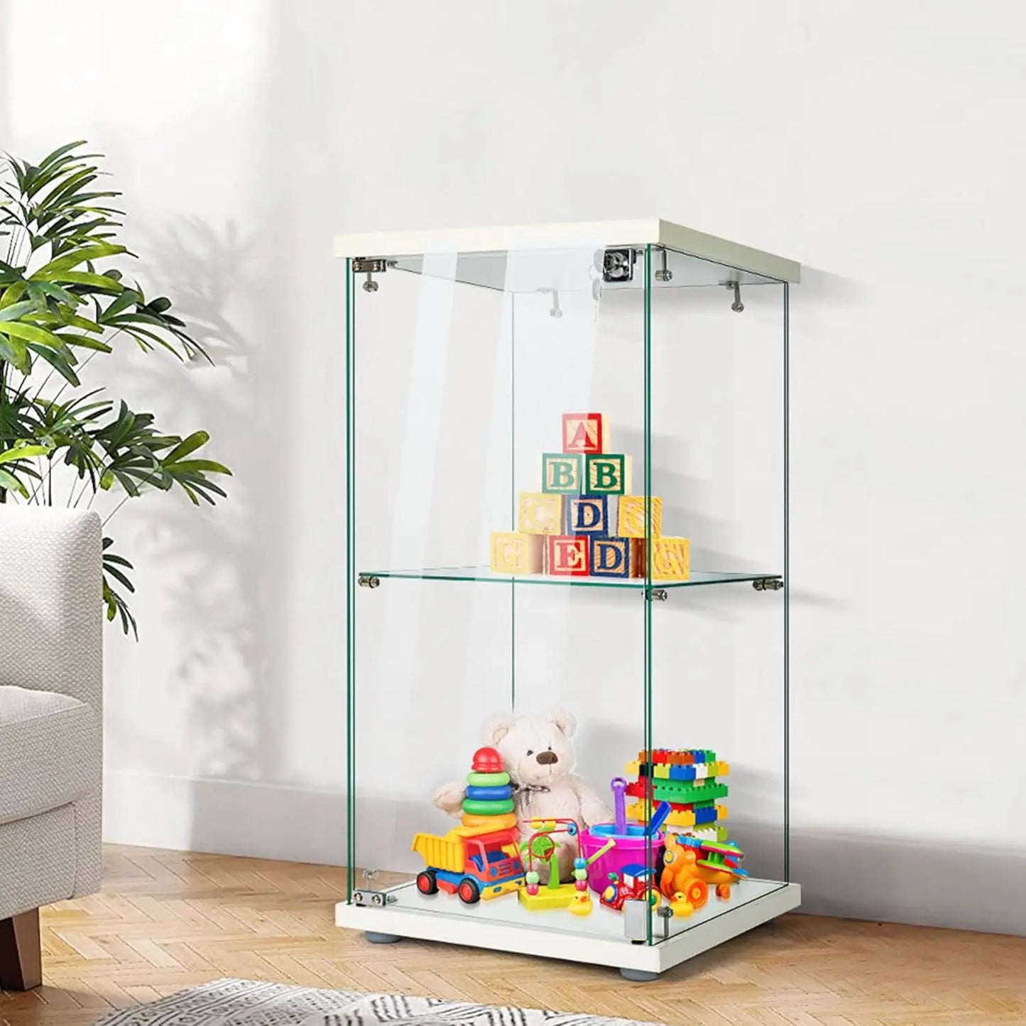 Glass Display Cabinet with Lock, 2-Tier Tempered Glass Showcase Countertop, 15.7"W x 15.7"D x 31.9"H, Sturdy MDF Base, Secure