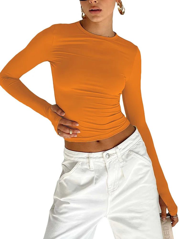 Fashion Women T-shirt Long Sleeve Crew Neck Solid Slim Fit Ladies Crop Top with Thumb Holes for Daily Streetwear Summer Camis