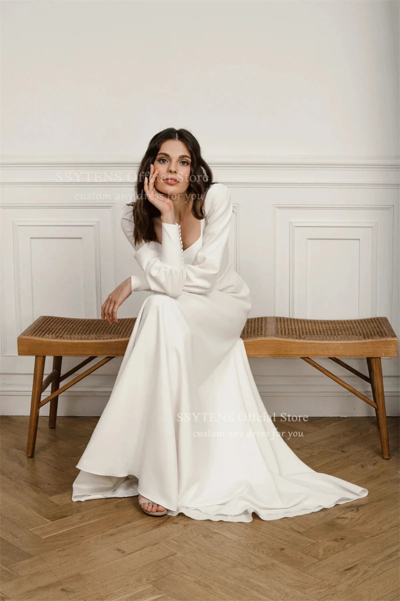 SSYTENS Elegant Square Neck A Line Wedding Dresses Full Sleeves Long Bridal Gown Woman Open Back Pleats Customized Bride Dress