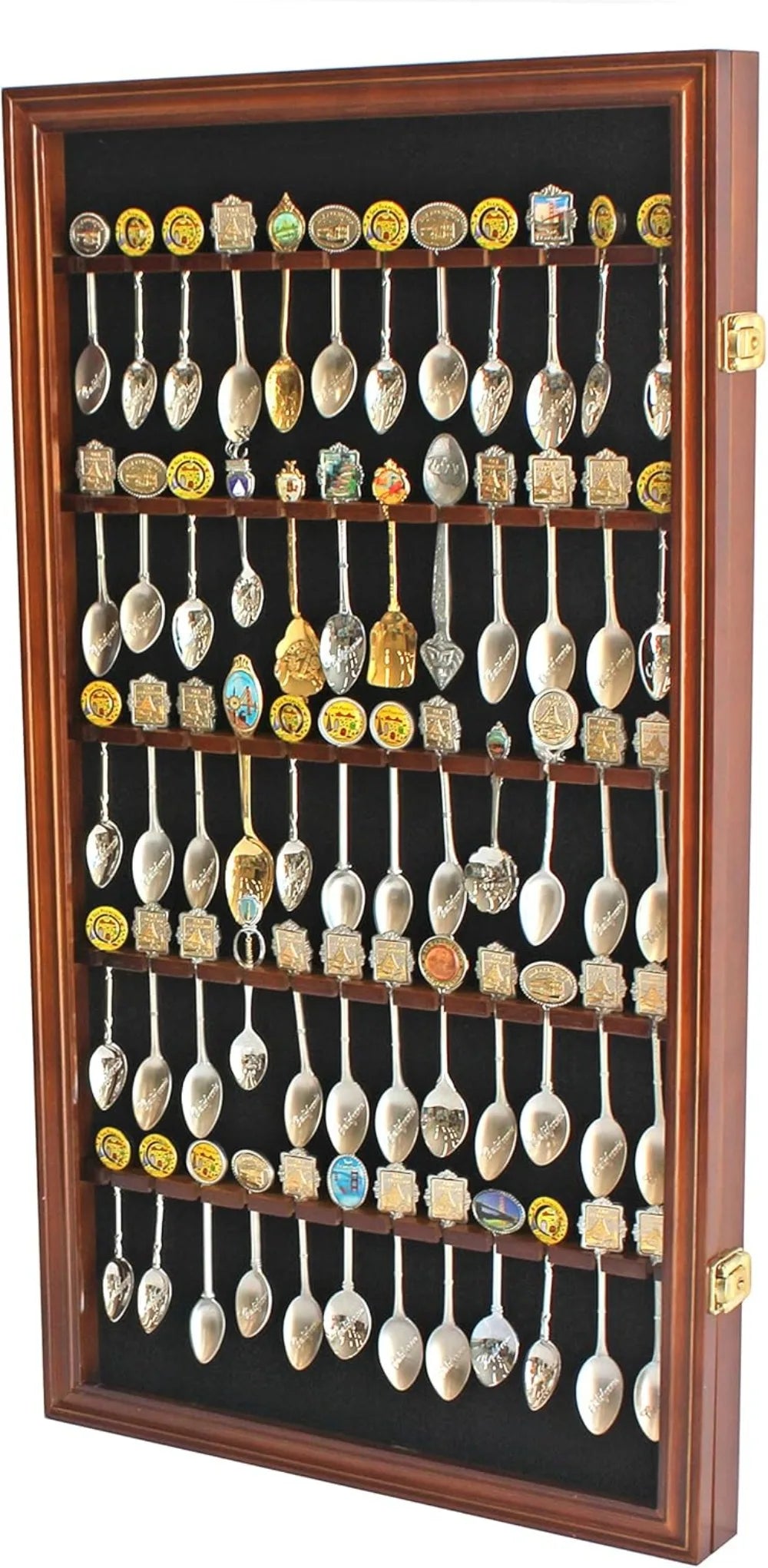 60-Spoon Display Case Rack Holder, UV Protection Lockable Walnut Wall Cabinet for Souvenir & Tea Spoons