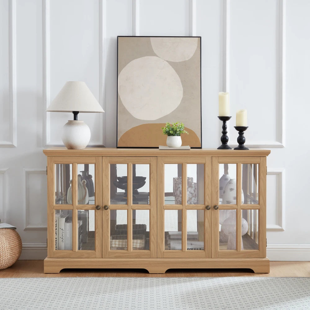 LED Curio Display Cabinet: Glass Doors, Adjustable Shelves, 4-Door OAK for Home/Office