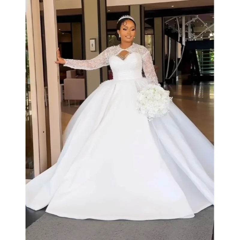 Customized 2026 Large Skirt Wedding Dress Brown Skin Satin Long Sleeved Pearl Lace Puffy Dress Vestido De Novia Wedding Dress