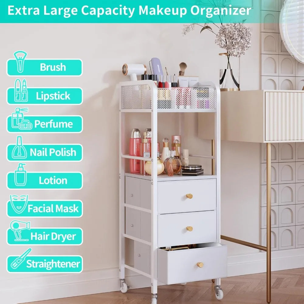 Rolling Makeup Cart Organizer - 3 Drawer Storage for Skincare Cosmetics Nail Polish