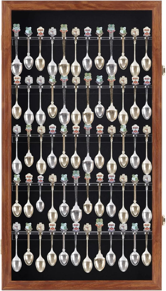 60 Slot Souvenir Spoon Display Case, Lockable Wall Cabinet with UV Protection, Walnut Finish