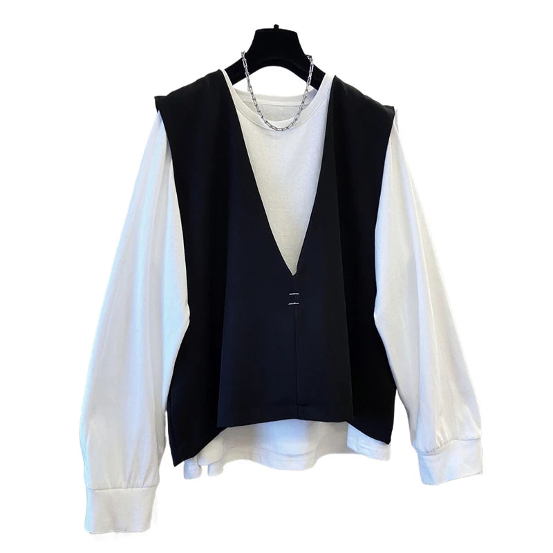 SuperAen Spring New Women's Oversized Pullover White Long-sleeved T-shirt Design Loose-fitting Sleeveless Tops Sets