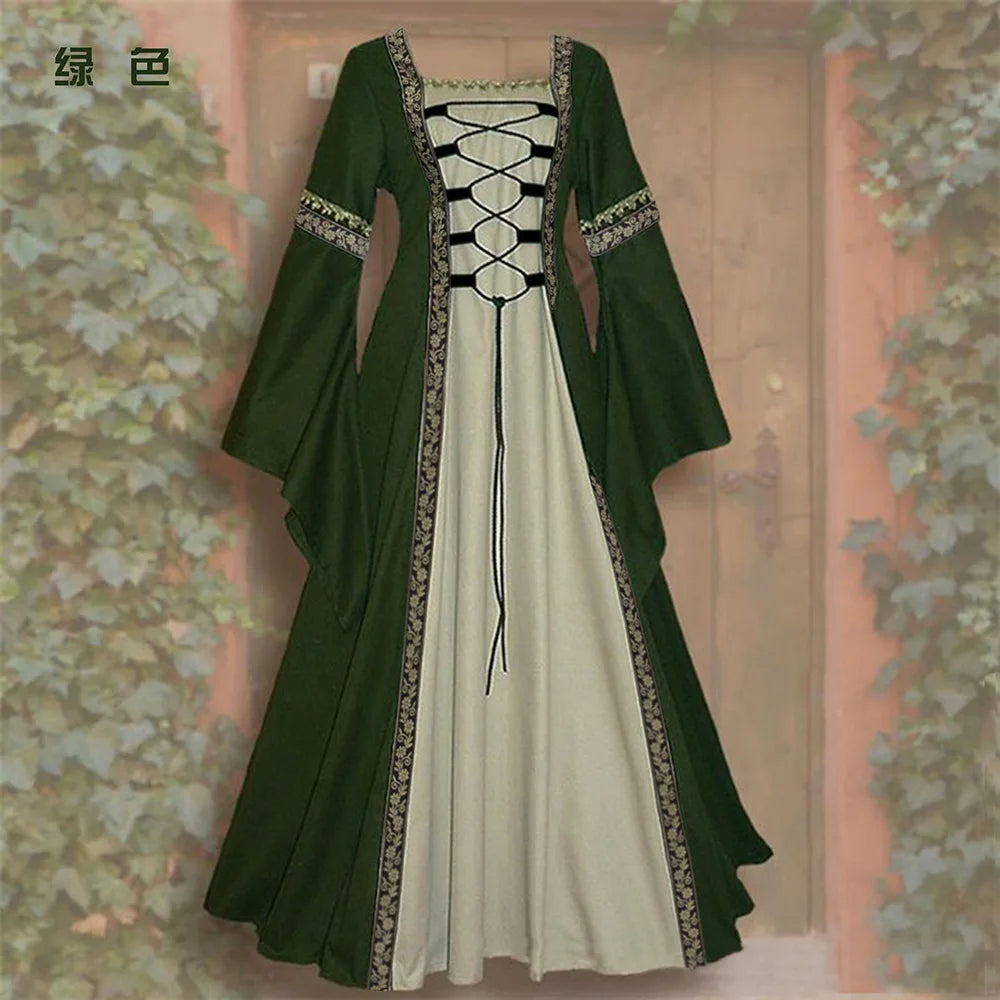 Gothic retro long dress square collar flared long sleeve lace up design women's fashion dress slim silhouette match long dress
