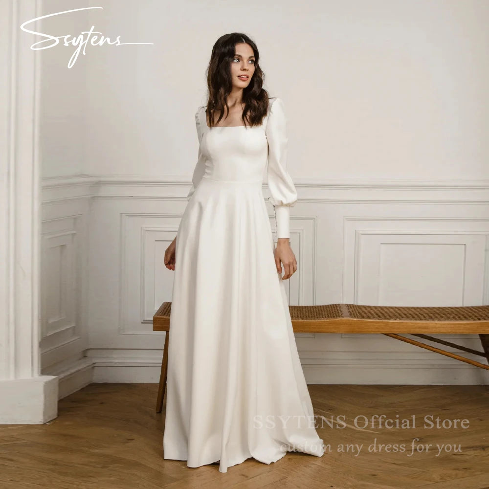 SSYTENS Elegant Square Neck A Line Wedding Dresses Full Sleeves Long Bridal Gown Woman Open Back Pleats Customized Bride Dress