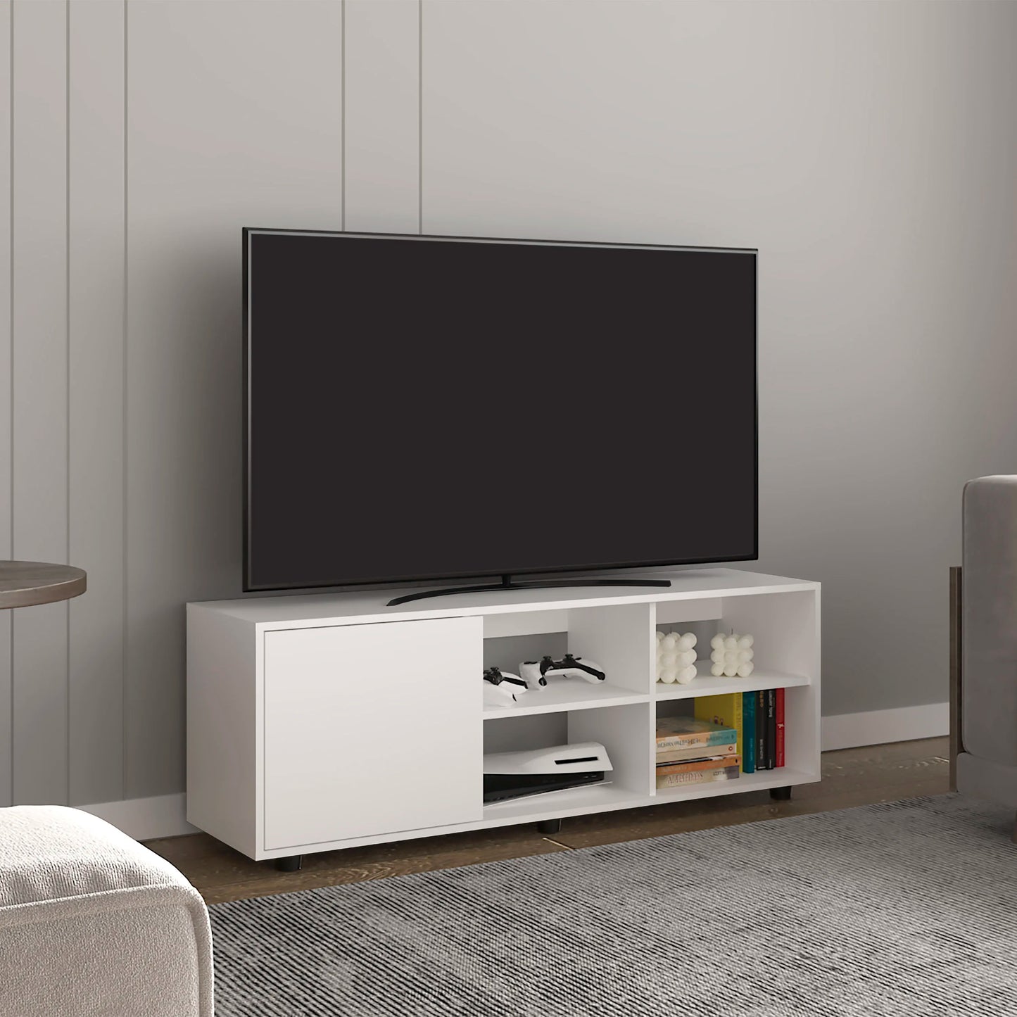 51" Wide Tv Stand with One Door Cabinet , Four Open Shelves, Cable Management, Living Room, Tv Room