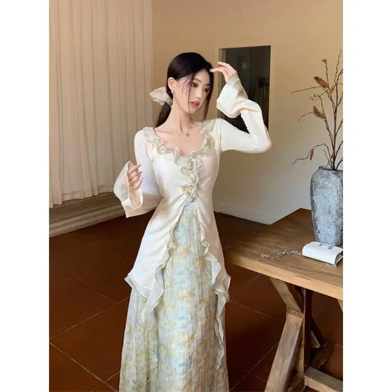 Women's Two Piece Set Ruffle Trim Knit Cardigan & Floral Print Maxi Skirt Elegant Fairy Style Outfit Spring Summer Casual Daily