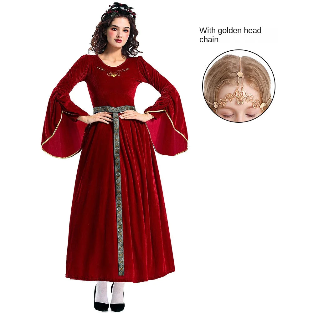[You're My Secret] Women Medieval Costume Halloween Court Ball Flared Sleeve Princess Dress Cosplay Stage Performance Costume