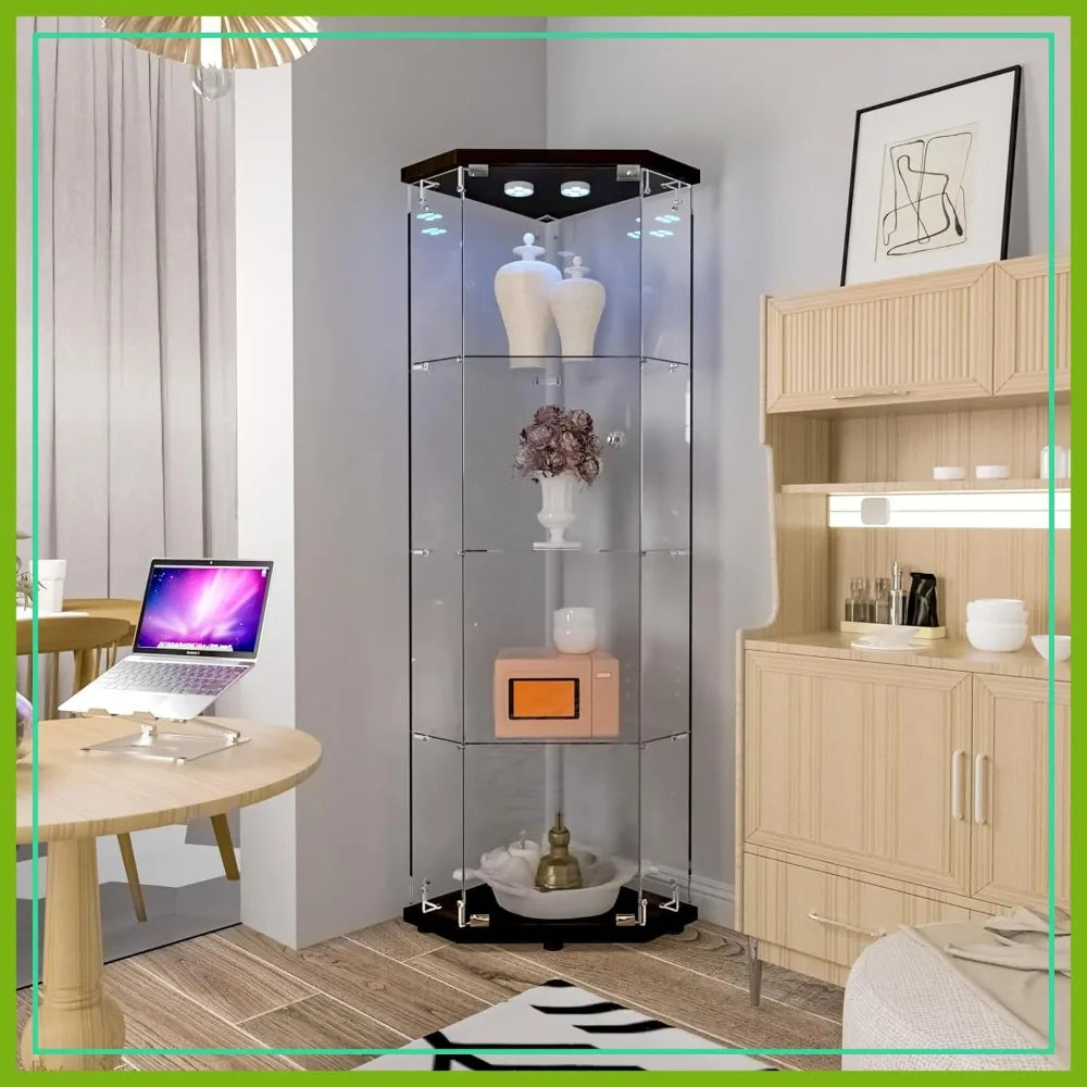 Glass Display Corner Cabinet with Light, 4 Shelves, Black Floor Standing Bookshelf, Quick Assembly