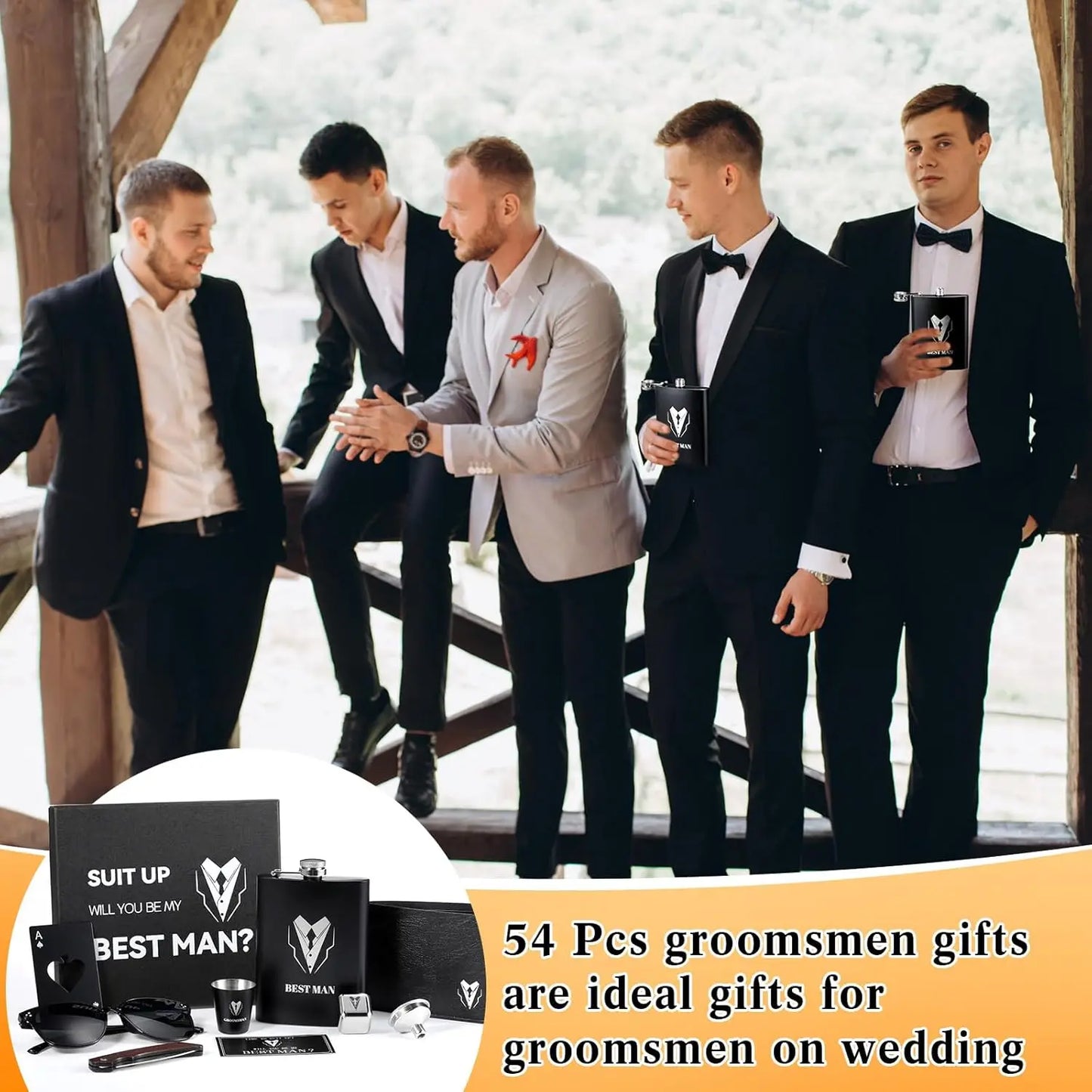 66 Pcs Groomsmen Proposal Set: Shot Glasses, Stainless Steel Flask, Funnel, Gift Boxes, Sunglasses, Knives, Bottle Opener