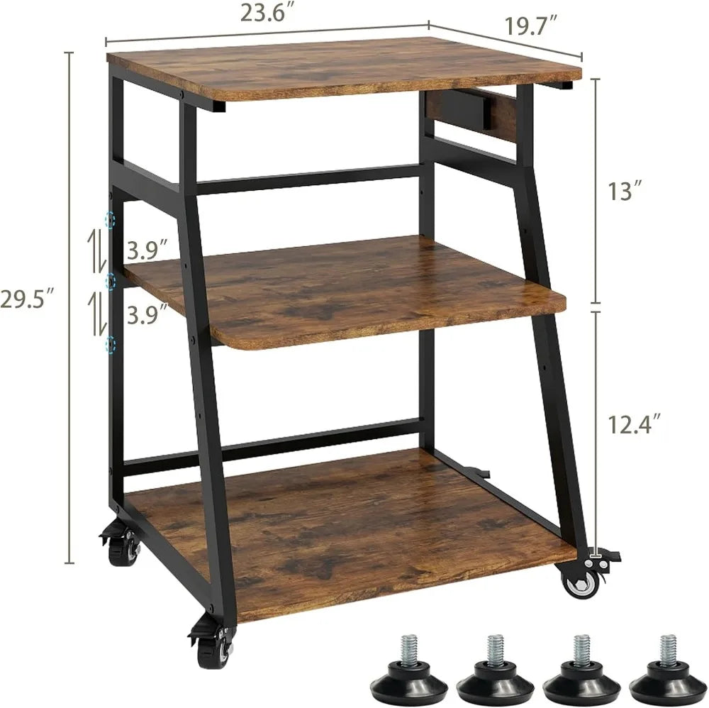 Large 23.6"x19.7" Printer Stand with Charging Station, 3-Tier Rolling Cart for Home Office, Adjustable Shelf for 3D Printer