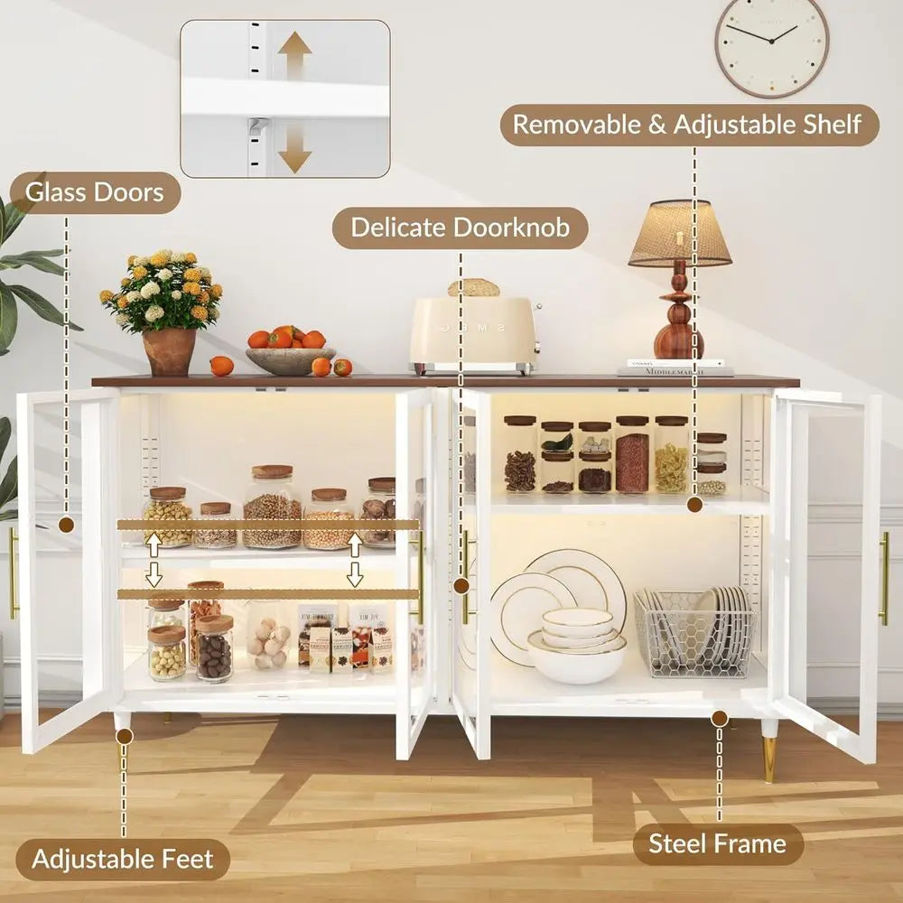 LED-Illuminated Glass Sideboard Cabinet, Metal & Wood Modern Storage with Adjustable Shelves, Suitable for Coffee Bar, Kitchen,