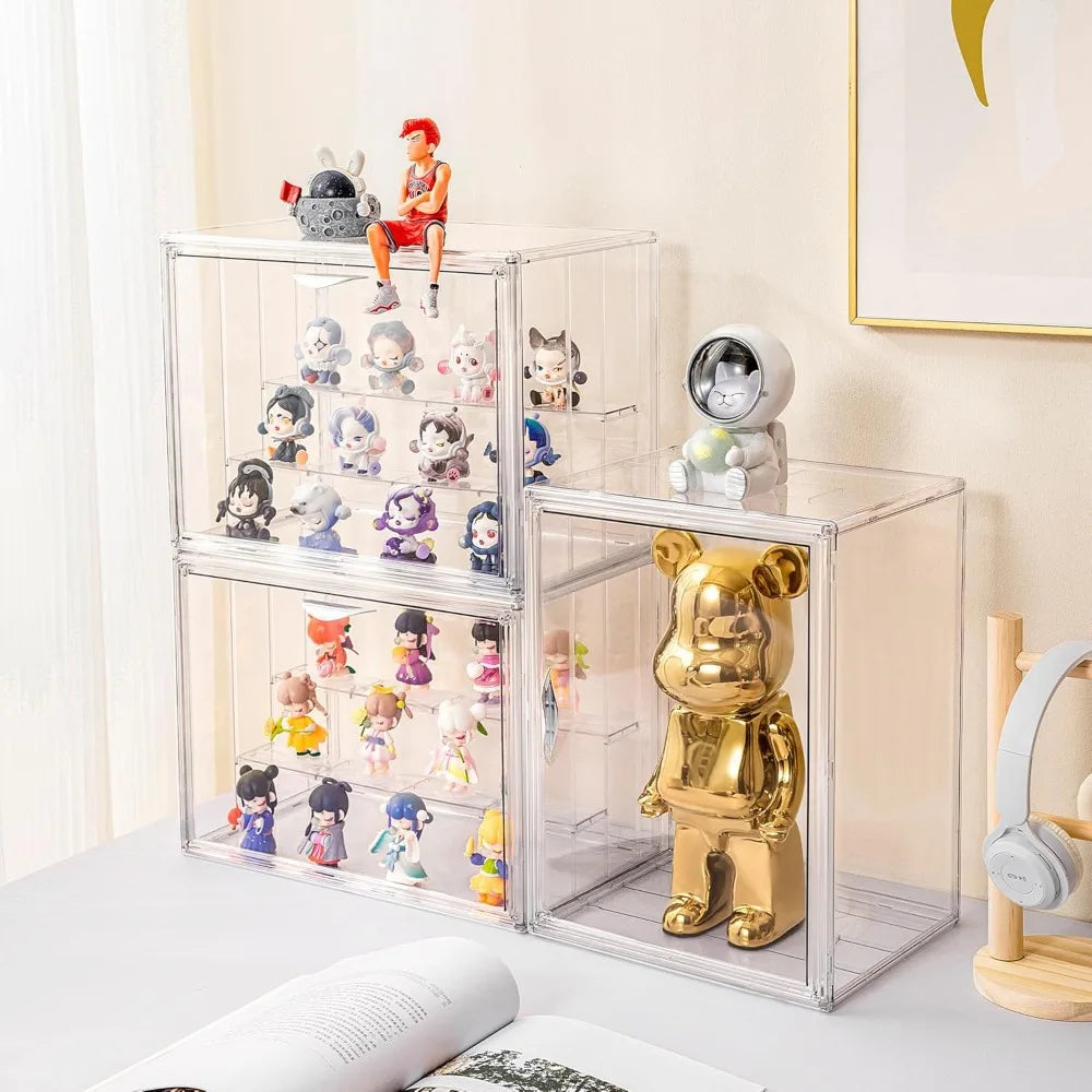 3 Tier Acrylic Display Case for Collectibles with Movable Dividers, Clear Stackable Showcase with Magnetic Door