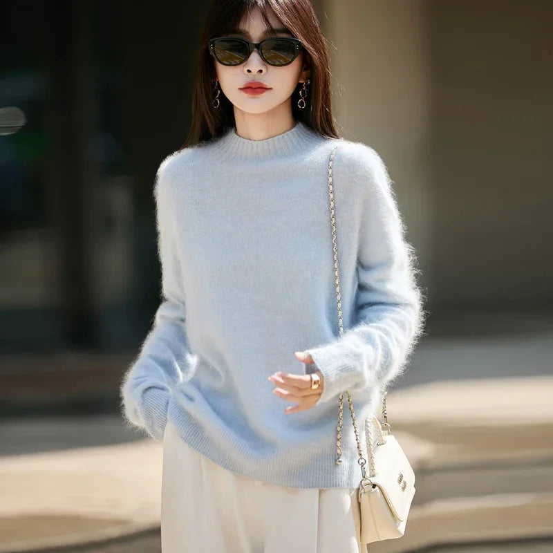 100% Wool Women's Fluffy High Neck Pullover, Loose Knit Winter Sweater Coat, Autumn Warm Top