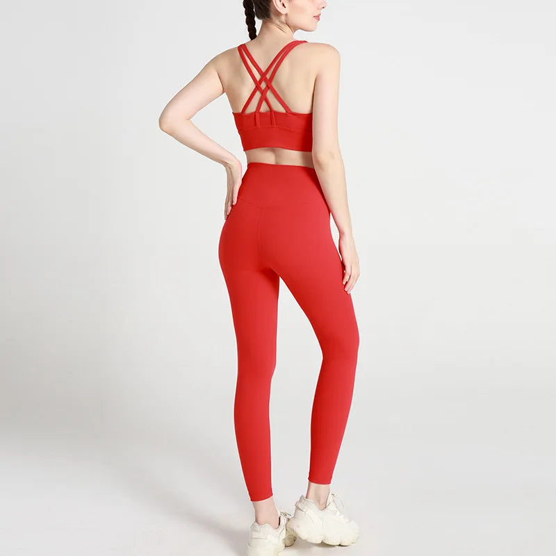 Classic women's yoga suit 2 piece set cross sling bra vest, butter touch stretch leggings gym workout dance sports suit