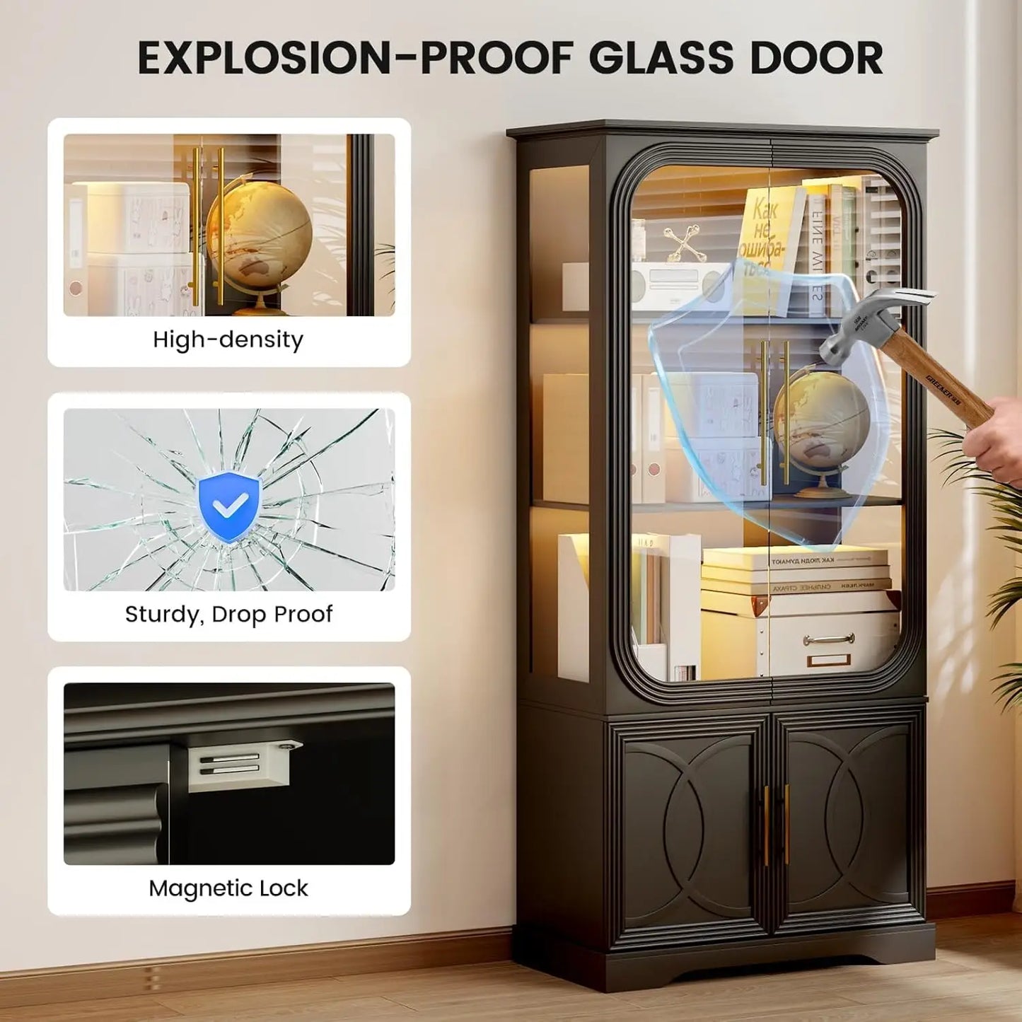 Display Curio Cabinet with Glass Doors, 69 in Tall Bookcase with LED Lights, Storage Cabinet|Kitchen Pantry, Customized