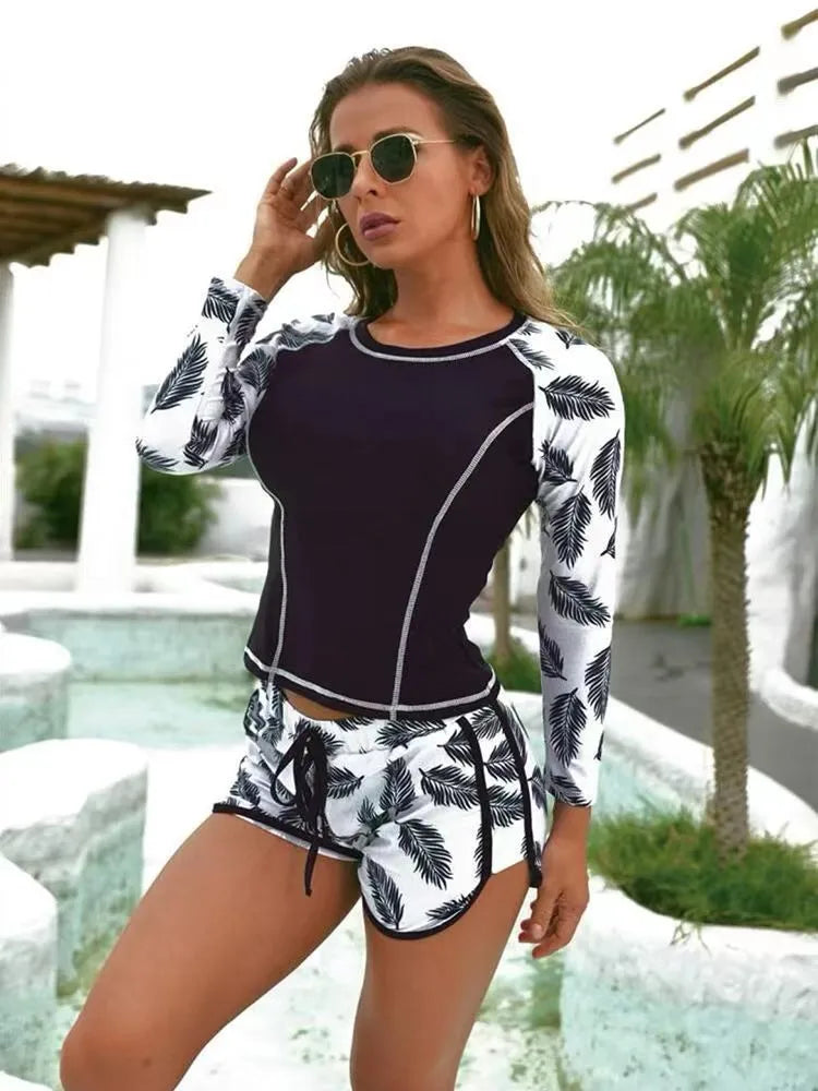Long Sleeve Rash Guard Swimsuit Floral Print Shorts Two Piece Swimwear High Neck Slim Fit Bathing Suit Tropical Print