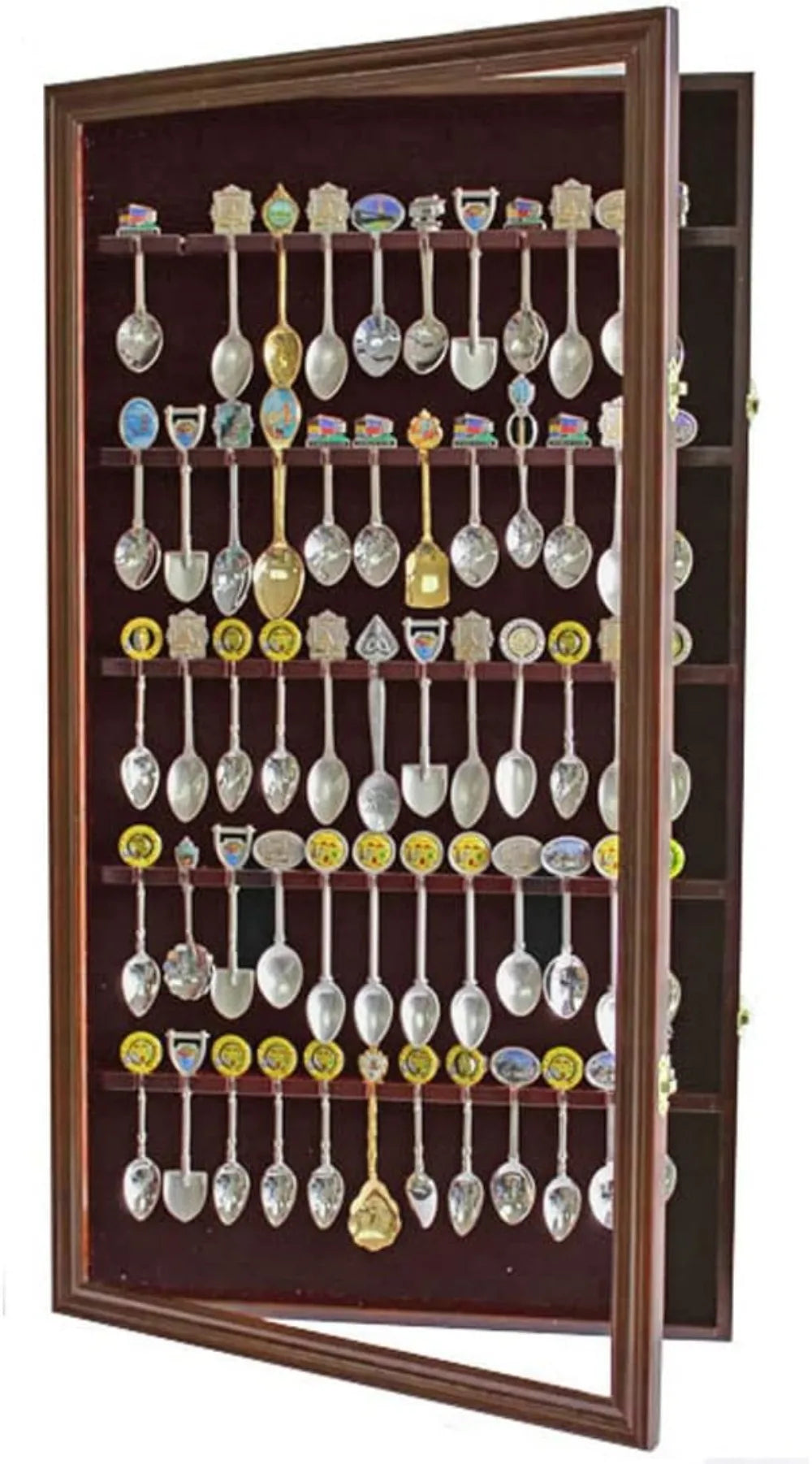 60 Slot Souvenir Spoon Display Case, Lockable Wall Cabinet with UV Protection, Walnut Finish