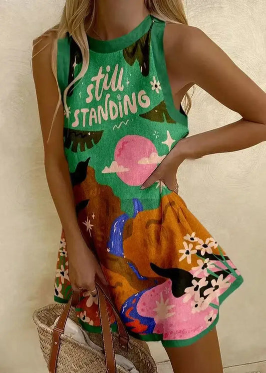 Women's Pineapple Print Sleeveless Dress - Casual Beach Vacation Party Dress for Summer