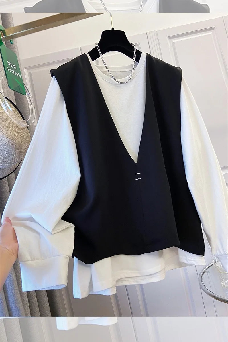 SuperAen Spring New Women's Oversized Pullover White Long-sleeved T-shirt Design Loose-fitting Sleeveless Tops Sets