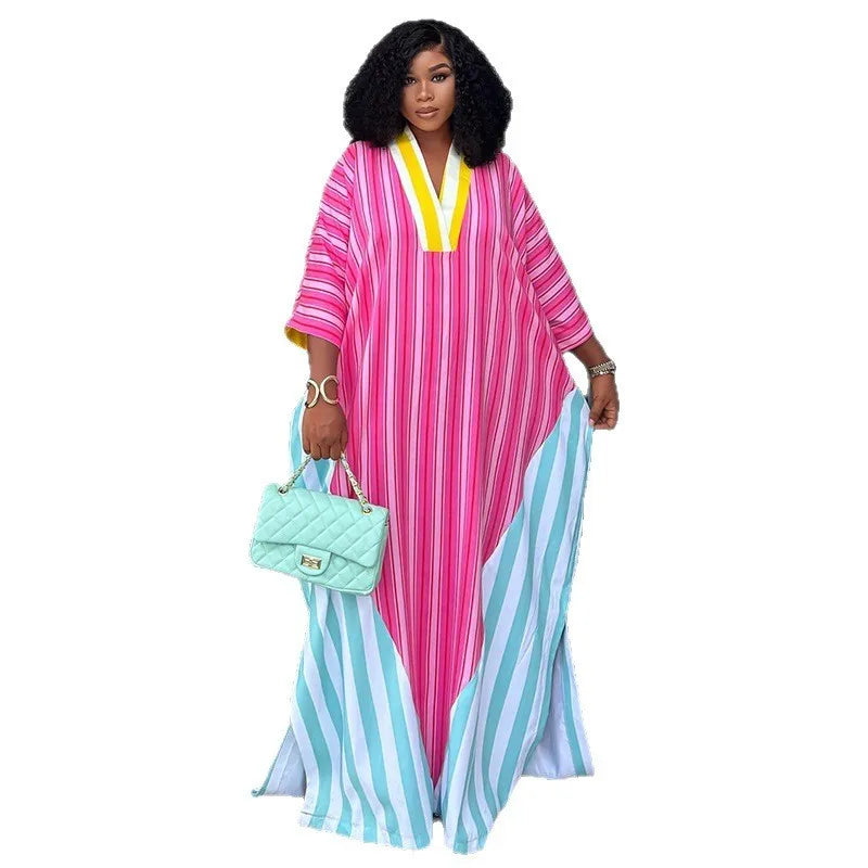 Women's Dress V Neck Striped Dresses 3/4 Sleeve Casual Maxi Dress Oversized Pink And Mint Shirt Dress Side Slit Long Flowing