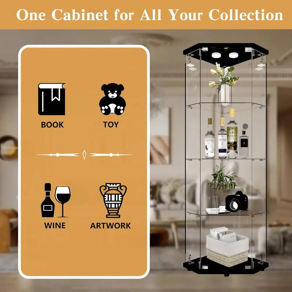 Glass Display Corner Cabinet with Light, 4 Shelves, Black Floor Standing Bookshelf, Quick Assembly