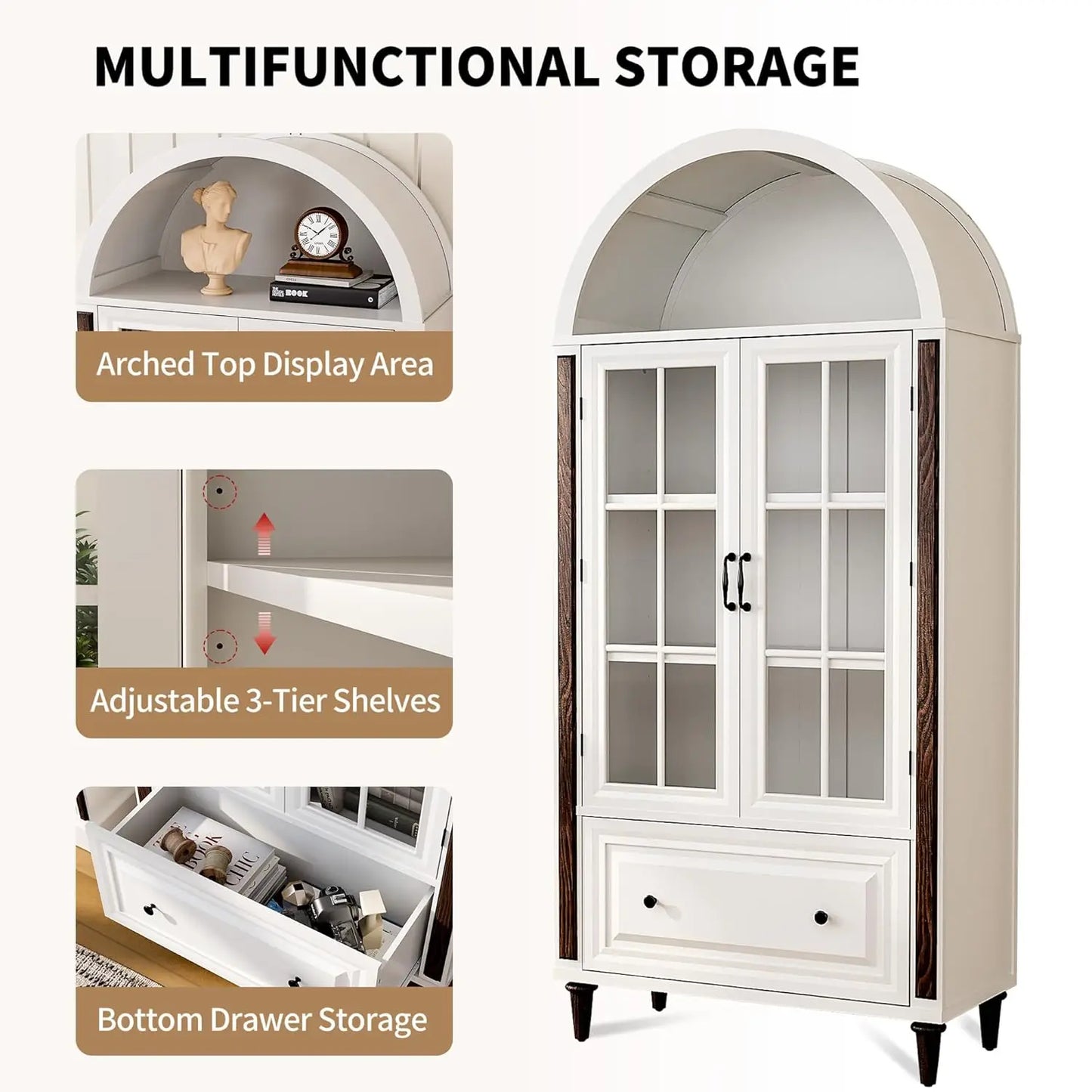 71” Handcrafted Arched Bookcase, Filing Cabinet for Home Office, Wooden Display Cabinet with Glass Doors , Customized