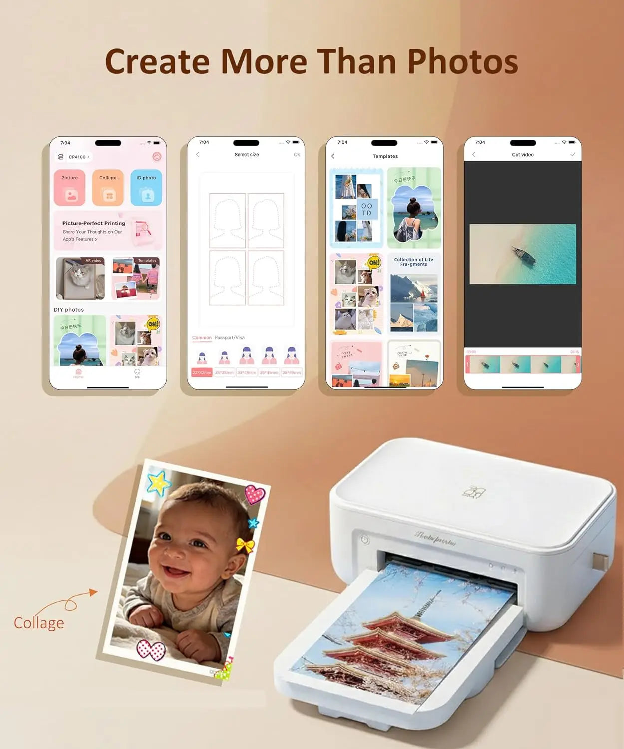 4x6 Photo Printer with Wi-Fi, Full-Color Thermal Dye Sublimation, Portable for iPhone/Android, AR Video App, Home Use in White