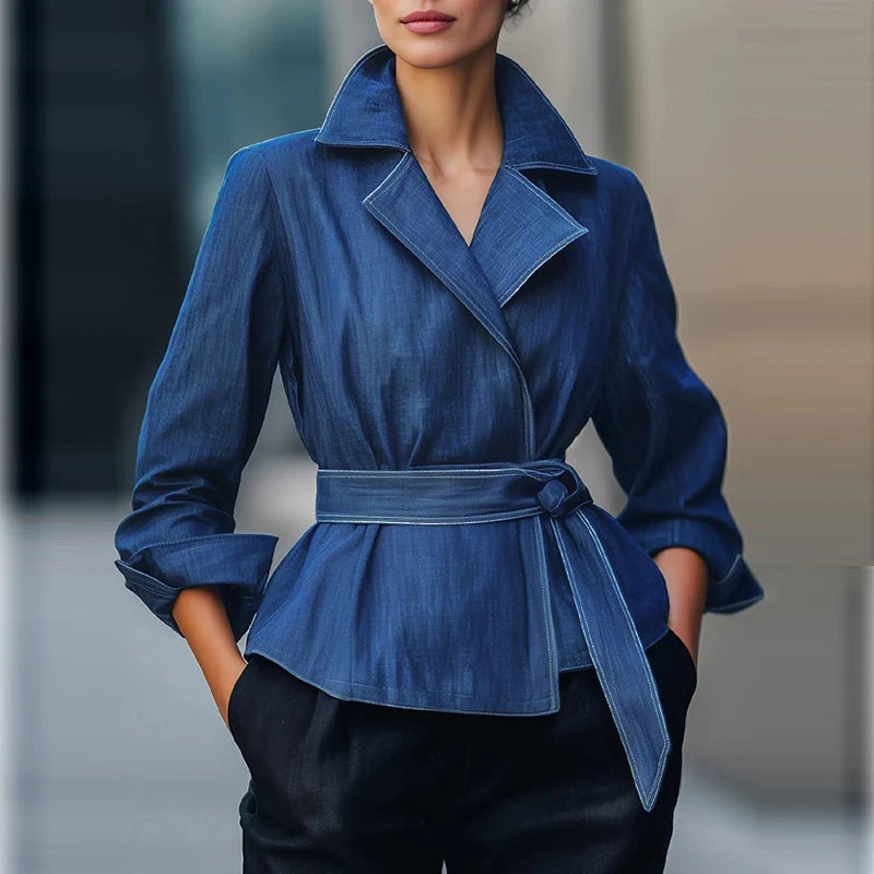 Fall Spring 2026 Fashion Denim Jean Jacket Woman Long Sleeves Vintage Blue Autumn Casual Outerwear with Belt for Female