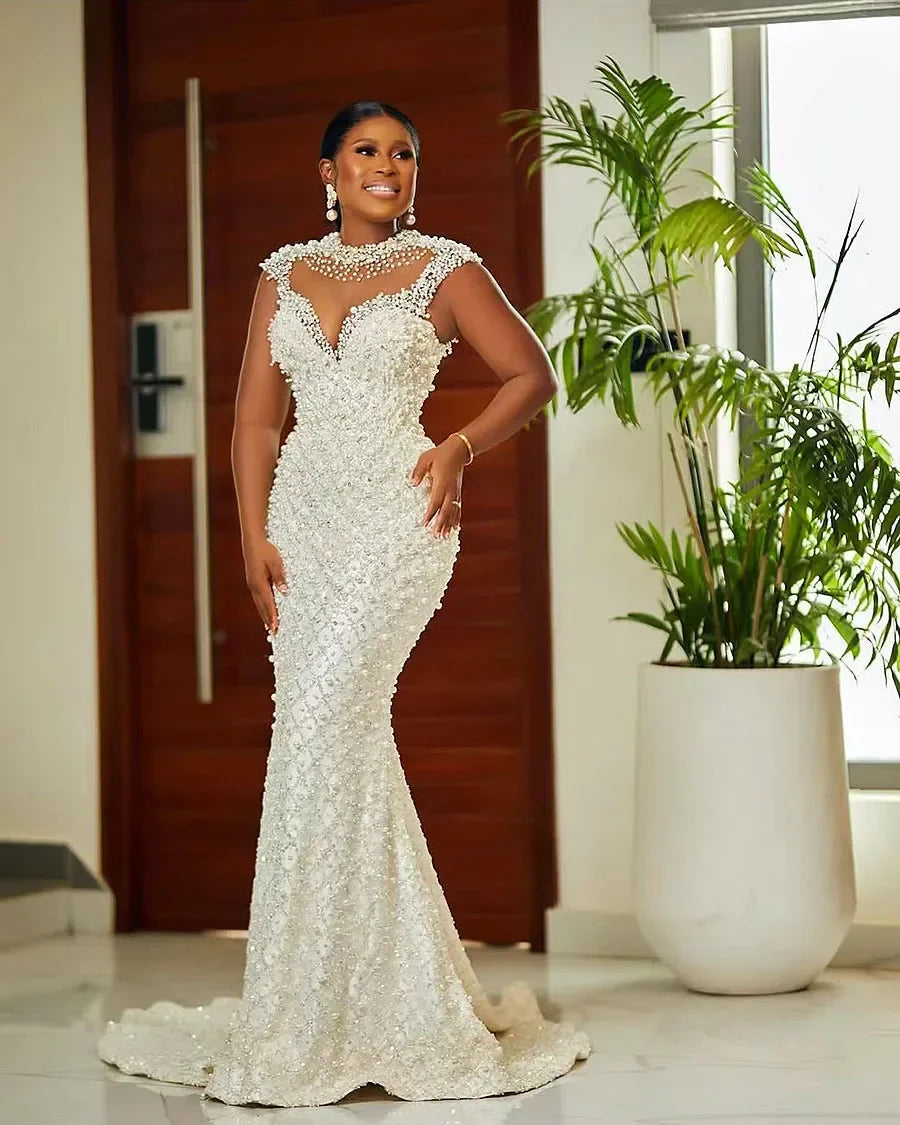 Arab Luxury Beaded Mermaid Wedding Dress Elegant Pearl Sleeveless  Bride Dress Wedding Party Dress Customized