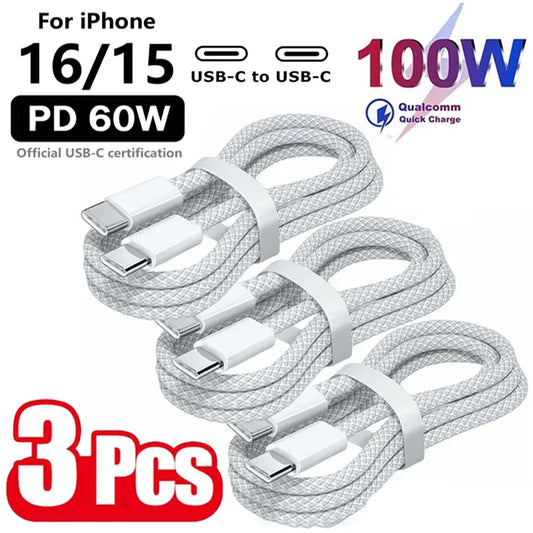 3PCS USB C Cable to USB C 100W Fast Charging Charger Cable Supports Fast Charging For iPhone 16 15 Samsung Xiaomi Huawei etc