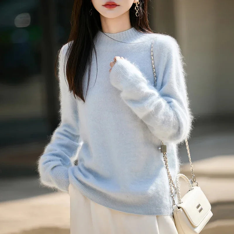 100% Wool Women's Fluffy High Neck Pullover, Loose Knit Winter Sweater Coat, Autumn Warm Top