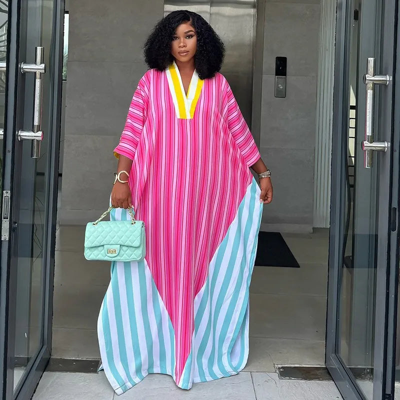 Women's Dress V Neck Striped Dresses 3/4 Sleeve Casual Maxi Dress Oversized Pink And Mint Shirt Dress Side Slit Long Flowing
