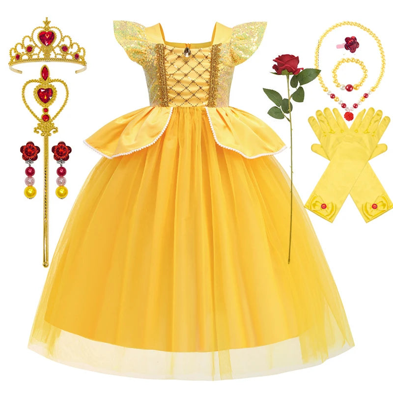 Disney Princess Dresses Girls Belle Party Costume Children Halloween Birthday Flower Clothes Beauty and The Beast Fancy Disguise