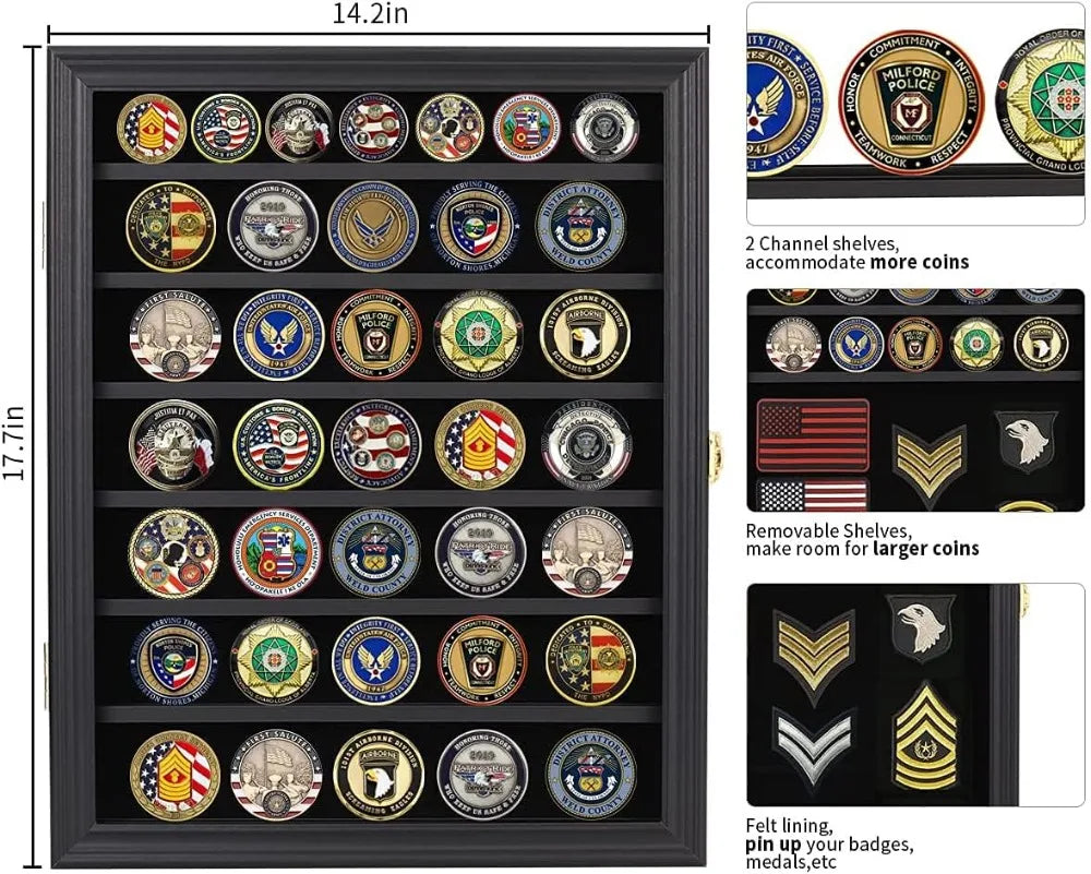 Lockable Medals Display Case Wall Frame for Coins, Pins, and Collectibles - Black Shadow Box with Removable Shelves
