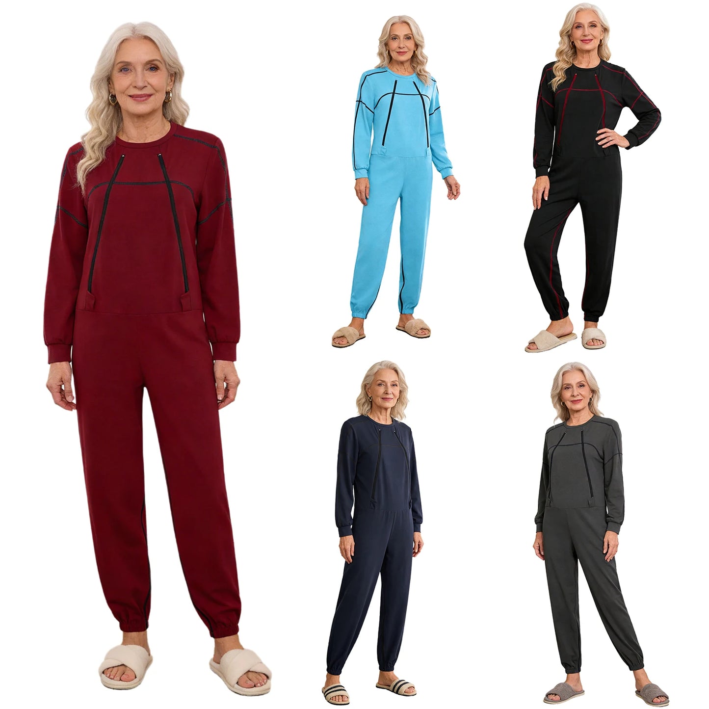 Women Elderly Dementia Alzheimer Adaptive Anti-strip Jumpsuit Long Sleeve Long Pants Rompers for Special Needs Caring Patient