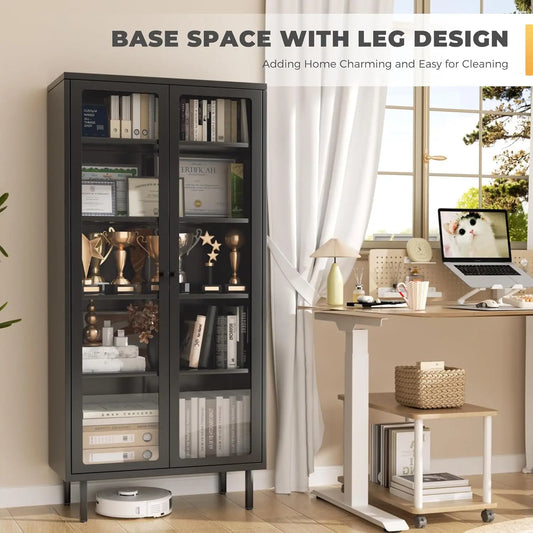 Glass Display Cabinet, Metal Curio Cabinet with Tempered Glass Doors & Adjustable Shelves, Metal Storage Cabinets for Living