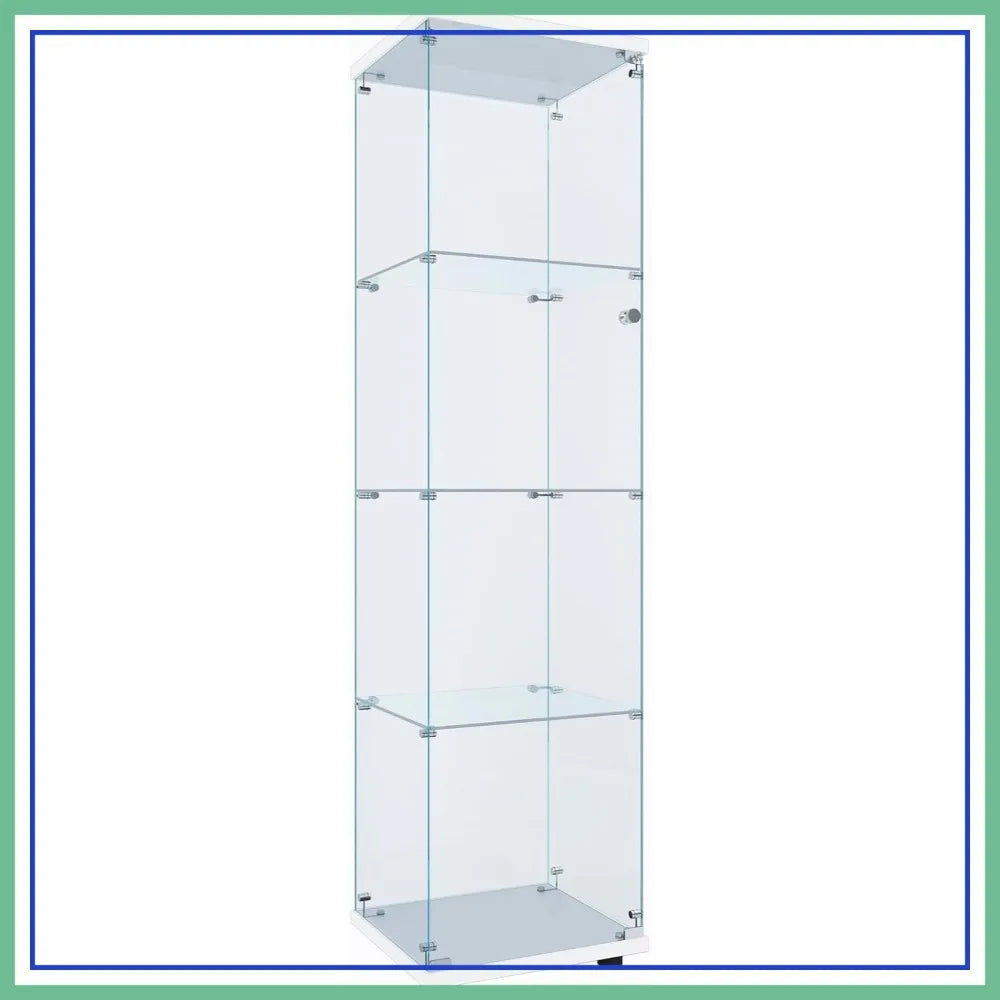Glass Display Cabinet with 4 Shelves, 64.2"H x 16.9"L x 14.6"W, White for Collectibles