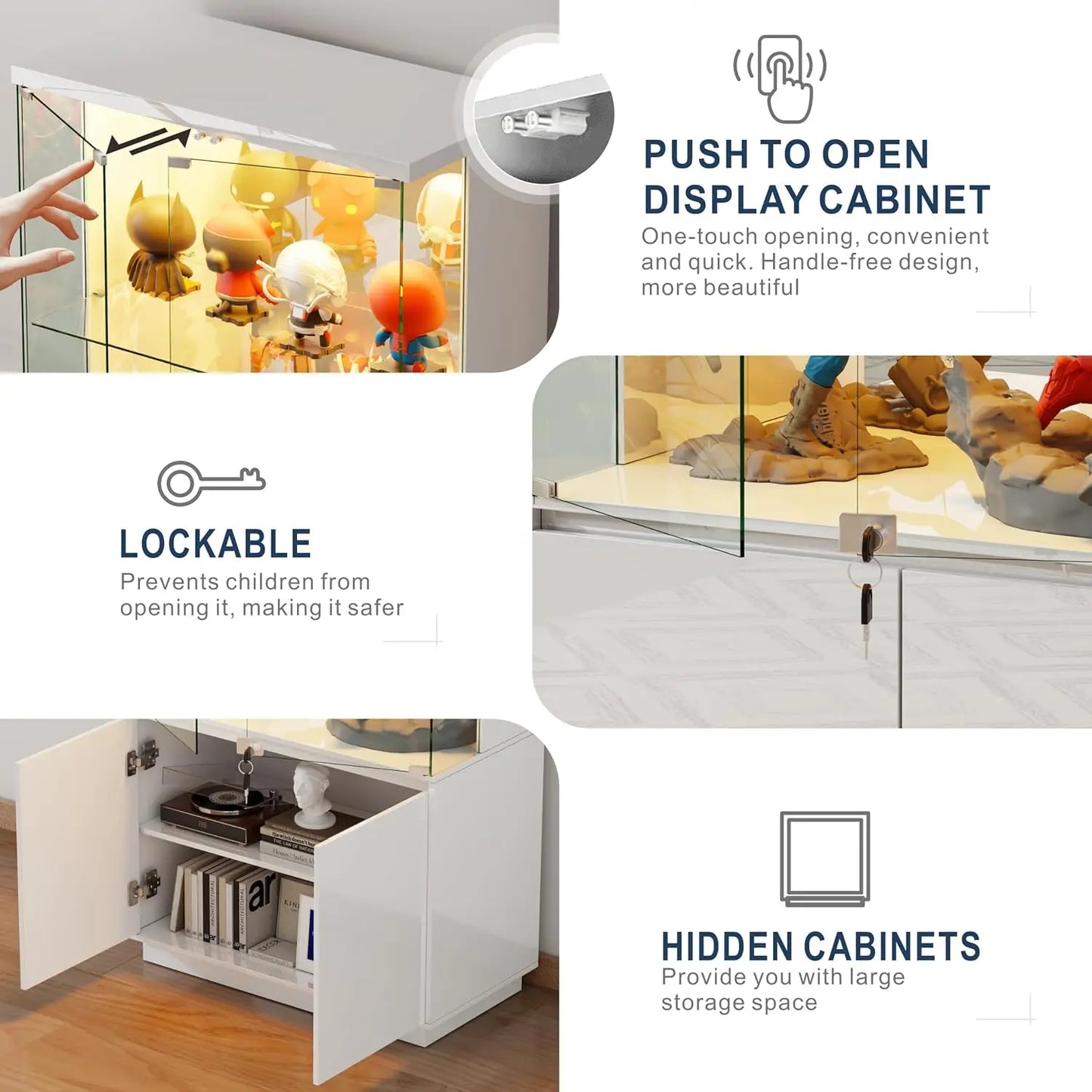 71'' Display Cabinet with Glass Doors&3 Color Lights&Lockable for Bedroom White,High Gloss Curio Cabinet with Adjustable Glas