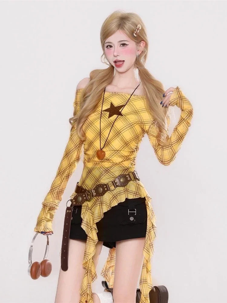 Y2K Plaid Slash Neck Vintage T-Shirt for Women, Grunge Ruffled Bodycon Top, Sexy Fairy Aesthetic
